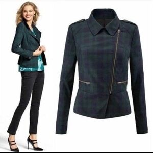 CABi Tartan Plaid Moto Blazer Peplum Hem Fully Lined Asymmetrical Zipper Size 8